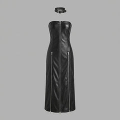 strapless leather tube dress with front zipper