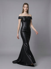 Black Leather Mermaid Dress – Off Shoulder Formal Evening Gown