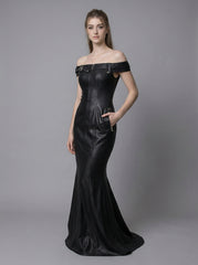 Black Leather Mermaid Dress – Off Shoulder Formal Evening Gown