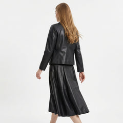 Women's Black Leather Blazer & Midi Skirt Set | Leather Blazer Women | Blazer Jacket | Formal Dress | Midi Skirt | Corporate Goth Womens Clothing | Black Dress