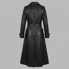 Black Leather Trench Coat Women – Double Breasted Belted Long Leather Coat