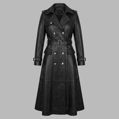 long black leather trench coat womens belted style