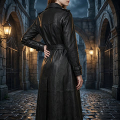 Person wearing a long black leather coat in a dark, stone archway setting