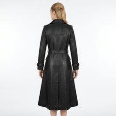 back view of black leather trench coat worn by a model on a white background