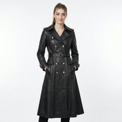 black leather trench coat women double breasted design
