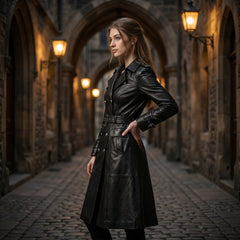Woman in a black leather long coat standing in a stone archway with warm lighting.
