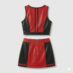 Black and red leather top and skirt set on a light gray background