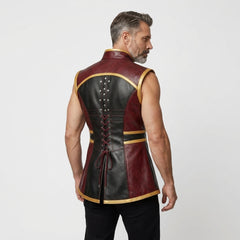 Mens Leather Gothic Vest – Red & Black Fantasy Leather Waistcoat with Buckle Straps