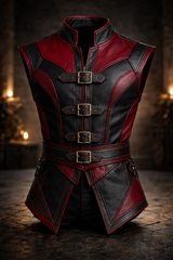 Male model wearing a gothic red and black leather vest with front buckles, structured shoulders, and fitted waist.