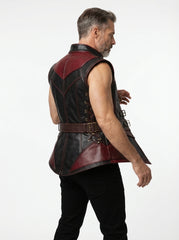 Men’s gothic leather vest with black and deep red contrast panels, silver buckles, and sculpted torso design.