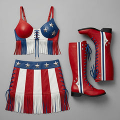 Red, white, and blue outfit with fringes and star patterns on a gray background