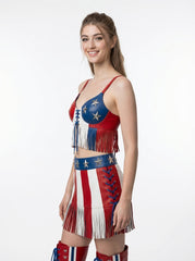 Woman wearing a patriotic dress with red, white, and blue colors on a white background