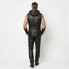 Leather Vest | Renaissance Cyberpunk Vest | Studded Motorcycle Vest | Gothic Hooded Sleeveless Waistcoat for Men