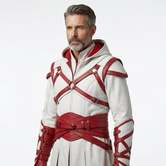 White and red leather assassin coat for men