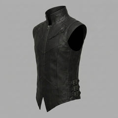 Black leather vest for men featuring chevron seam details, side buckle straps, and rugged motorcycle styling.