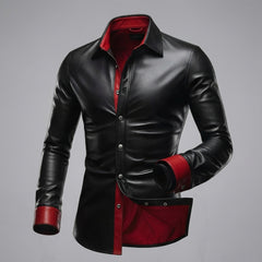 Male model wearing a black leather button-up shirt with contrasting red cuffs, inner placket, and tailored fit.