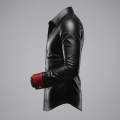 Black leather overshirt for men with red interior lining, collared neckline, and fitted long-sleeve silhouette.