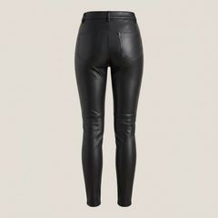 High-waisted black leather pants for women featuring a smooth finish, front pockets, and tailored seams.