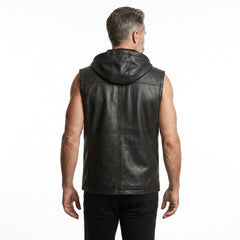Men’s leather hooded gilet in black with smooth finish, front zip closure, and functional side pockets.