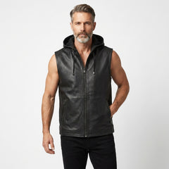 Men’s black leather sleeveless hoodie vest with front zipper, drawstring hood, and casual biker style.