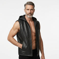 Modern black leather vest for men with attached hood, full-length zipper, and clean urban fashion look.