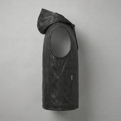 Sleeveless black leather hoodie with drawstrings, zip front, and minimalist streetwear-inspired design.