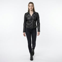 Women’s edgy black leather jacket with snap-down lapels, zippered cuffs, and textured shoulder panels.