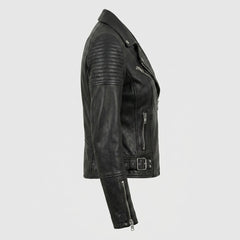 Stylish black leather biker jacket for women with ribbed shoulder panels, zip pockets, and tailored silhouette.