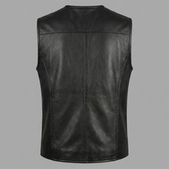 Male model wearing a classic black leather vest with sleeveless cut, center zipper, and streamlined design.