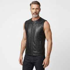 Modern men’s leather gilet in black with zippered front, sleeveless arms, and minimal detailing.