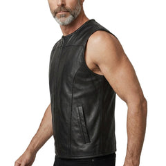 Full front view of a men’s black leather vest with a clean neckline, center zipper, and sleek fitted shape.