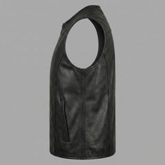 Minimalist black leather biker vest for men with subtle side pockets, straight hem, and fitted silhouette.