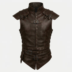 Sleeveless gothic brown leather vest featuring layered waist belts, metal buckles, rivet accents, and structured shoulders.