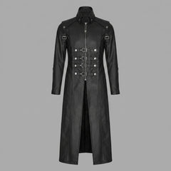 Gothic Black leather coat with multiple buckles on a gray background