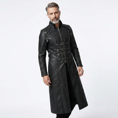 Long black leather coat for men with gothic military details, strap accents, fitted shoulders, and front closure hardware.