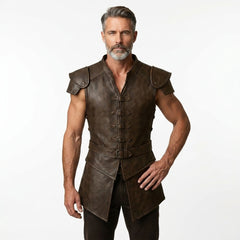 Man wearing a brown leather warrior jerkin on a white background