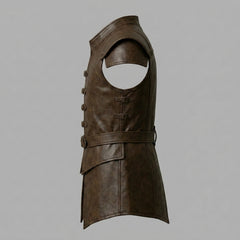 Brown leather vest with shoulder guards on a gray background
