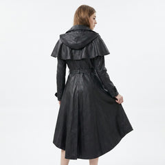 Custom made women’s gothic leather trench coat dress with tailored waist and functional pockets