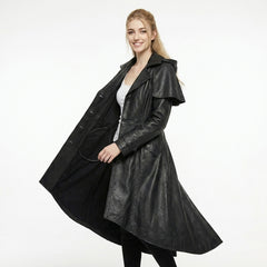 Black asymmetrical leather coat dress for alternative streetwear cosplay and festival outfit
