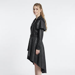 Premium black leather high-low coat dress for cosplay LARP festivals and gothic fashion
