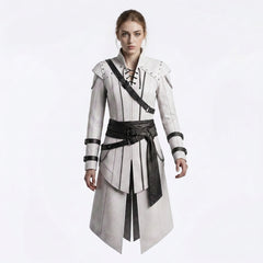 White Hooded Leather Coat Women | Assassin Costume | Assassins Creed Inspired Coat | Female Assassin Cosplay | White Cape Coat | Renaissance Faire Costume | LARP Fantasy Leather Outfit