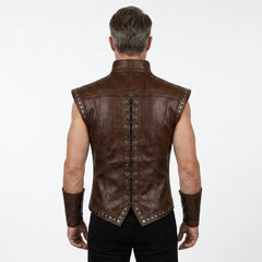 Men's Brown Genuine Leather Vest, Studded Renaissance Vest, Viking Leather Vest, Medieval Mens Vest, Victorian Vest Men, Punk Leather Vest