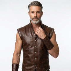 Men's Brown Genuine Leather Vest, Studded Renaissance Vest, Viking Leather Vest, Medieval Mens Vest, Victorian Vest Men, Punk Leather Vest