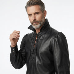 Men's Black Genuine Leather Shirt | Lace Up Leather Shirt | Medieval Pirate Shirt | Renaissance Victorian Shirt, Gothic Viking Long Sleeve Shirt
