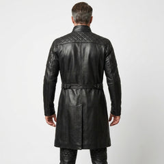 Black Full Leather Long Coat & Pants Set | Men Long Black Leather Coat Fashion Outfit
