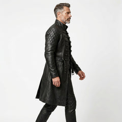 Black Full Leather Long Coat & Pants Set | Men Long Black Leather Coat Fashion Outfit