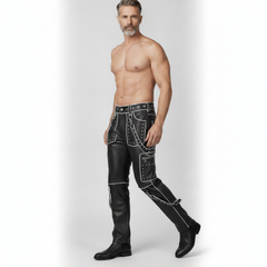 Studded Gothic Leather Pants for Men | Black Cyberpunk Cargo Trousers | Pocket Chain Punk Pants | Multi Pocket Biker Wear | Custom Size