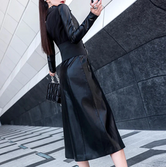 Corporate Goth Leather Trench Coat | Women’s Black Long Coat Dress | Punk Biker Princess Coat | Gothic Leather Coat