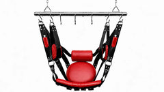 Black and Red Leather Sex Swing & Sling | Padded Sex Furniture for Couples | Hanging Ceiling Swing with Rod
