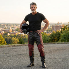 Men's Black & Red Genuine Leather Cyberpunk Pants | Biker Trousers